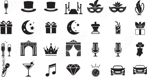 Collection of black and white masquerade party icons and symbols