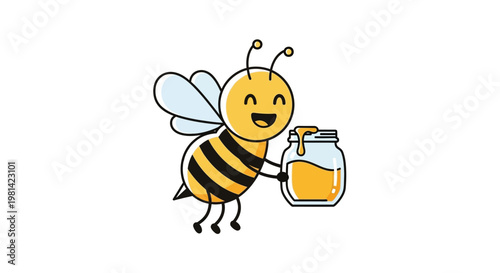 Smiling bee holding honey jar.