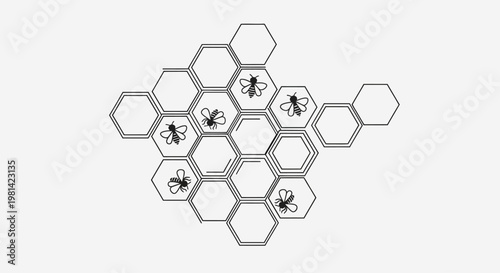 Bees in Honeycomb Cells Closeup.