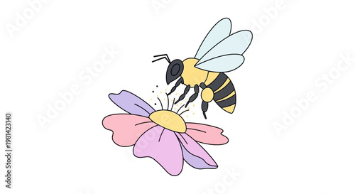Bee flying towards colorful flower petals.