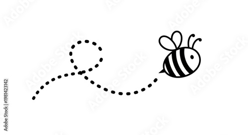 Black and white bee flying illustration.