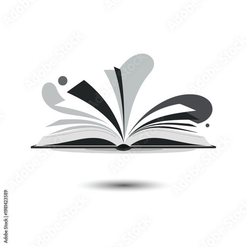 An open book with pages dramatically fanning out rendered in a modern grayscale aesthetic