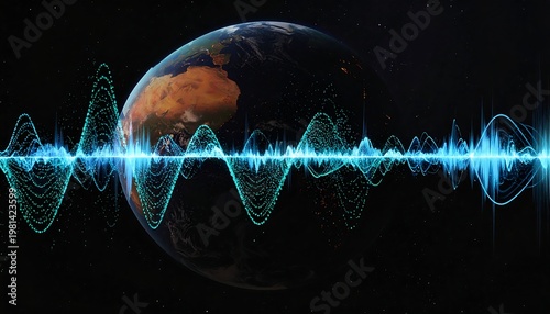 A globe with a vibrant sound wave emanating in front of it