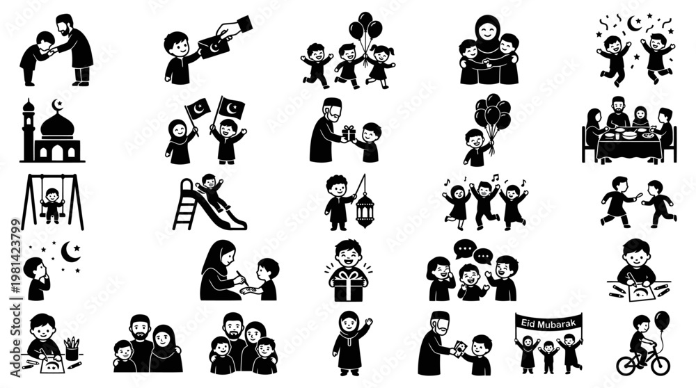 Obraz premium Muslim Family Eid Al Fitr Celebration Activity Black Icon Set