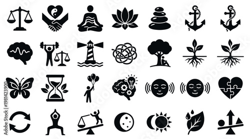 Inner Peace Mindfulness Meditation and Emotional Balance Solid Icon Set