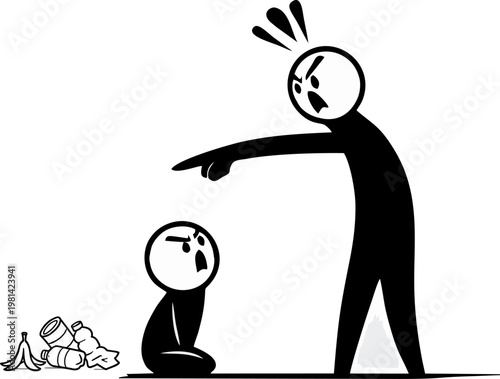 Angrily pointing at another stick figure who has just thrown trash on the ground