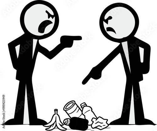 Angrily pointing at another stick figure who has just thrown trash on the ground