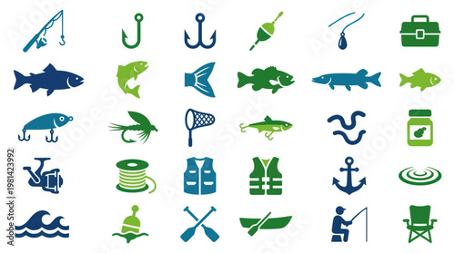 Recreational Fishing Hobby Accessories And Seafood Species Flat Icon Set