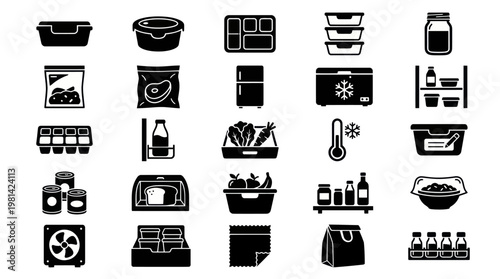 Food Storage Containers Refrigerator Organization And Kitchen Management Icons Set