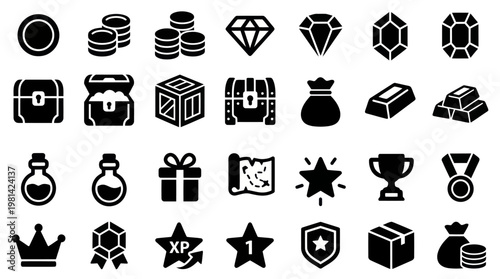 Game Achievement Rewards Treasure Chests Gems and Gold Icon Set