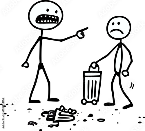 Angrily pointing at another stick figure who has just thrown trash on the ground