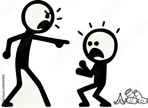 Angrily pointing at another stick figure who has just thrown trash on the ground