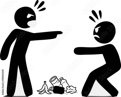Angrily pointing at another stick figure who has just thrown trash on the ground