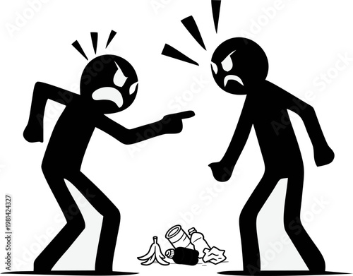 Angrily pointing at another stick figure who has just thrown trash on the ground