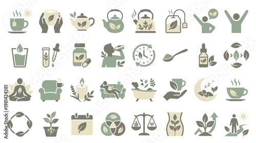 Healthy Lifestyle Tea Ritual and Relaxation Green Vector Icon Set