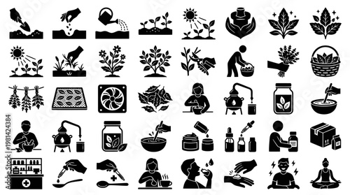 Herbal Medicine Production and Natural Pharmacy Black Silhouette Icon Set