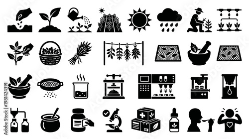 Industrial Herbal Processing Laboratory and Pharmaceutical Silhouette Vector Icon Set