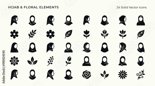 Hijab and Floral Solid Vector Icons Set for Minimalist Design