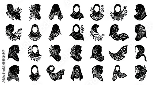 Collection of Hijab Woman Silhouette Logos with Elegant Floral Elements
