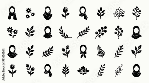 Modest Hijab Logos and Botanical Leaf Branch Graphic Design Elements