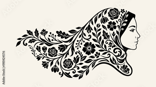 Side Profile Portrait of Hijab Woman with Intricate Floral Pattern