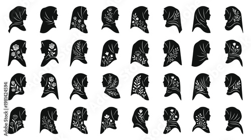 Set of Hijab Silhouettes Featuring Different Flower and Branch Decorations