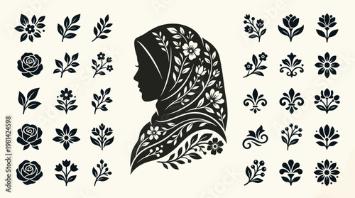 Elegant Hijab Woman Profile Surrounded by Decorative Floral Icon Set