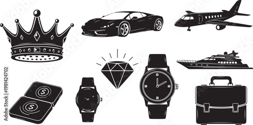 Luxury lifestyle symbols and wealth icons in black and white