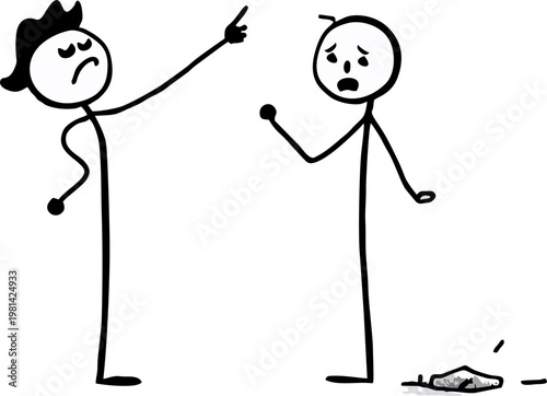 Angrily pointing at another stick figure who has just thrown trash on the ground