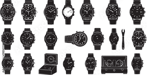 Collection of various black and white watch illustrations on display