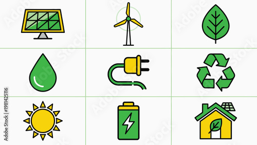 Renewable energy icons including solar panel, wind turbine, leaf, water drop, electric plug, recycling symbol, sun, battery, and eco house