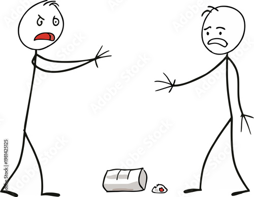 Angrily pointing at another stick figure who has just thrown trash on the ground