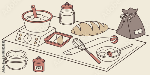 Isometric illustration of baking ingredients and tools on a tray