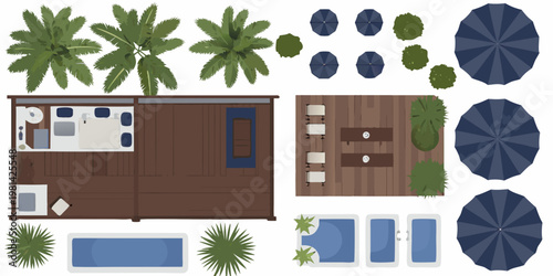 Top down view of a beachside resort with pools umbrellas and structures
