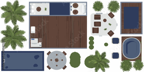 Top down view of a resort layout including pools seating and plants
