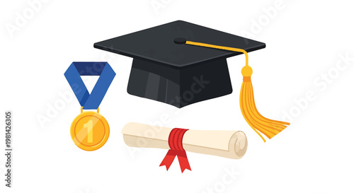 Graduation Cap, Diploma, and Gold Medal Celebrating Academic Achievement.