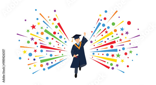 Happy Graduate Celebrating Success with Colorful Confetti Explosion.
