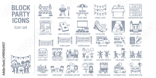 Americas Block Party Icon Set Block Permit Community Grill Lawn Cornhole Outdoor Projector Potluck String Lights Slip N Slide Sidewalk Chalk Lemonade Stand Vector