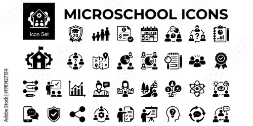 Microschool Learning Pod Icon Set Enrollment Cap Multi Age Cohort ESA Voucher Pod Schedule Socratic Circle Project Day Map Parent Equity Field Study Mastery Badge Vector