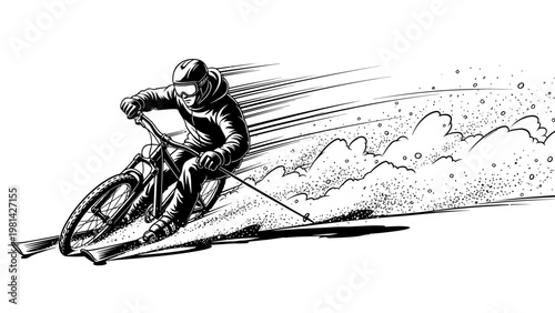 Black and white illustration of a cyclist riding a bicycle fast on a snowy slope with motion lines and a mountainous background.