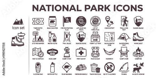 National Park Backcountry Icon Set Timed Entry Pass Bear Canister Fire Restriction LNT Leave No Trace Site Pad Water Filter Trail Blaze Ranger Badge Permit Lottery Vector