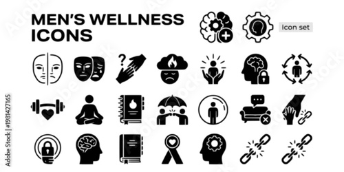 Men's Mental Health Icon Set Stoicism Vulnerability Asking For Help Anger Sadness Male Friendship Isolation Therapy Stigma Father Wound Wellness Vector