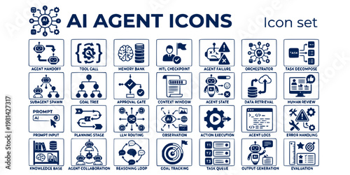 AI Agent Mechanics Icon Set Multi Agent Handoff Tool Call Memory Bank HITL Checkpoint Agent Failure Orchestrator Node Task Decompose Subagent Spawn Goal Tree Approval Gate Vector
