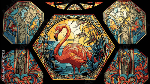 Vibrant stained-glass artwork featuring a pink flamingo in a serene aquatic scene with intricate designs and colorful patterns on a black background.