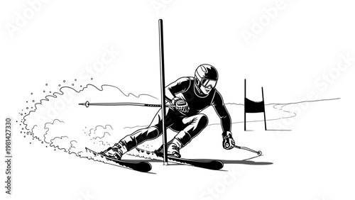 A black and white illustration of a skier turning with motion lines in a slalom course on a snowy slope with a dark uniform and helmet.
