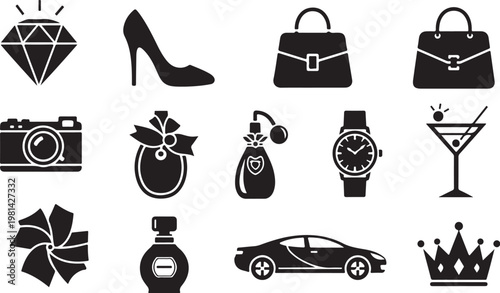 Luxury lifestyle icons and symbols in black and white