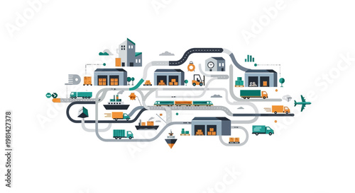 Global Logistics and Supply Chain Management Infographic Concept - Flat Vector Illustration of Transportation Network including Trucks, Ships, Planes, and Warehouses