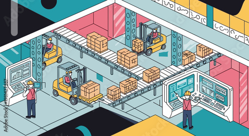 Isometric Illustration of Automated Smart Warehouse with Forklifts, Conveyor Belts, and Workers in Modern Logistics Center