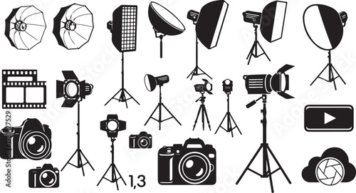 Collection of photography equipment and lighting tools for professionals
