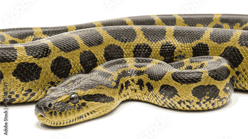 Close-up shot of a yellow and black patterned snake with a white background, showcasing its scaly skin texture and curved body.